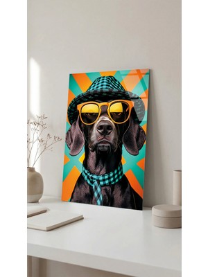 Retro Stil Gözlüklü ve Şapkalı Köpek Cam Tablo, Ev ve Ofis Uv Baskılı Premium Kırılmaz 4mm
