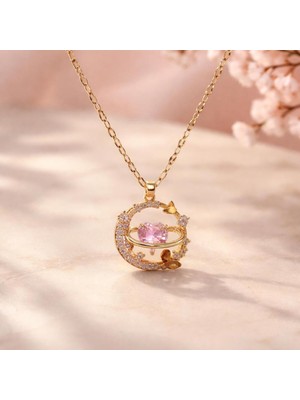 Monivera Kadın Gümüş Yuvarlak ve Pembe Kalpli Taşlı Desenli Kararmaz Zirkon Çelik Kolye