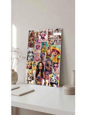 Renkli Pop Art Karakterler Kolaj Tasarımlı Cam Tablo Uv Baskılı 4mm Kırılmaz, Ev Ofis Dekorasyonu