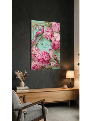 Pastel Pembe Çiçekler Yeşil Zemin Cam Tablo 4mm Temperli, Premium Uv Baskılı Kırılmaz Duvar Tablosu
