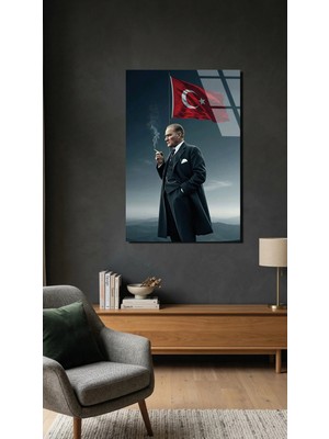 Atatürk ve Türk Bayrağı Cam Tablo Uv Baskılı 4mm Kırılmaz, Ev Ofis Dekorasyonu