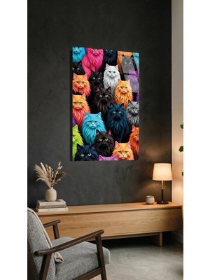 Rengarenk Estetik Tüylü Kedi Figürlü Modern Cam Tablo, Ev ve Ofis Uv Baskılı Premium Kırılmaz 4mm