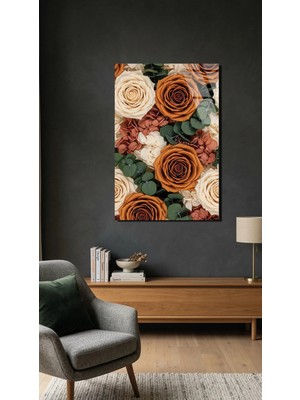 Vintage Gül Buketi Kahve Tonları Dekor Cam Tablo Premium 4mm Uv Baskılı Kırılmaz Duvar Tablosu