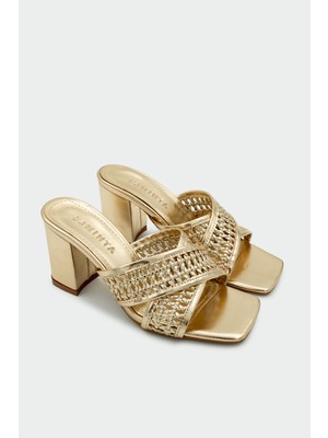Laminta Tyler Örgü Detaylı Çapraz Kadın Gold Topuklu Terlik