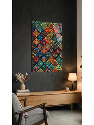 Renkli Etnik Bohem Desenli Modern Karo Sanatı Cam Tablo, Ev ve Ofis Uv Baskılı Premium Kırılmaz 4mm