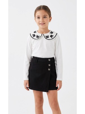 HaanBebe Kız Çocuk Bebe Yaka Çiçek/kelebek Nakışlı Sweatshirt ve Jean Şort-Etek Takımı