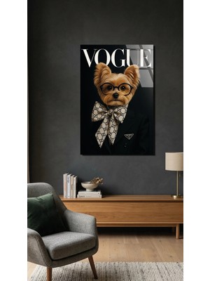Gözlüklü ve Fiyonklu Köpek Cam Tablo Premium 4mm Uv Baskılı Kırılmaz Duvar Tablosu