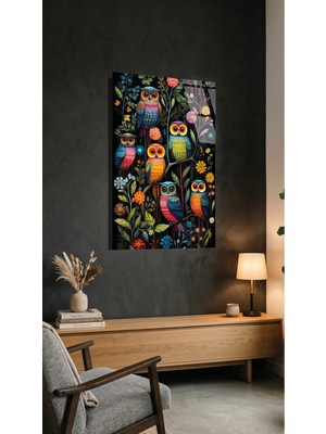Renkli Baykuş Figürleri Cam Tablo 4mm Temperli, Premium Uv Baskılı Kırılmaz Duvar Tablosu