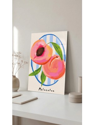 Şeftali Meyve Deseni Retro Illüstrasyon Cam Tablo Premium 4mm Uv Baskılı Kırılmaz Duvar Tablosu