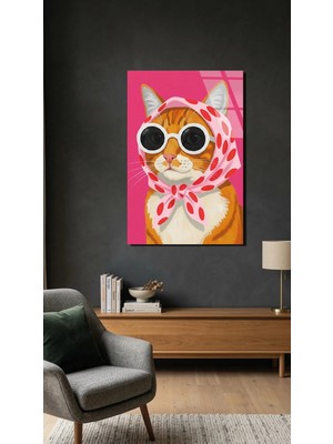 Vintage Stil Kedi Portresi Cam Tablo, Ev ve Ofis Uv Baskılı Premium Kırılmaz 4mm
