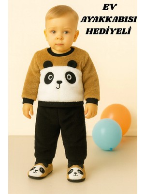 Mai Perla Panda Nakışlı Welsoft Peluş 3'lü Bebek Takım Unisex 0-9 Ay Taba Renkli Günlük Kullanım İçin