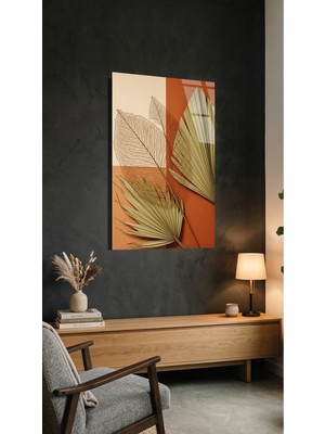 Kurumuş Yaprak ve Turuncu Renkli Minimal Kompozisyon Cam Tablo