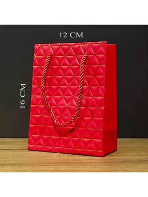 İsingir Shopping Kırmızı Geometrik Desenli Mini Boy Karton Hediye Çantası