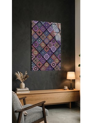 Mor Tonlu Etnik Çini Desenli Otantik Cam Tablo Premium 4mm Uv Baskılı Kırılmaz Duvar Tablosu