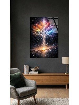 Kozmik Ağaç ve Nebula Cam Tablo 4mm Temperli Cam Tablo, Premium Uv Baskılı Kırılmaz Duvar Tablosu