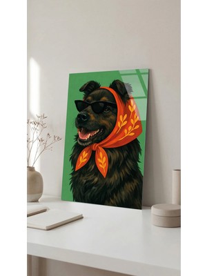 Renkli Esarplı Sevimli Köpek Portresi Cam Tablo Premium 4mm Uv Baskılı Kırılmaz Duvar Tablosu