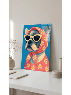 Retro Gözlüklü Fransız Bulldog Cam Tablo Kırılmaz Temperli, Premium Uv Baskılı Ev Dekorasyonu