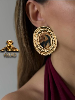Gold Plaka Oval Taşlı Küpe