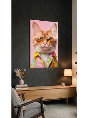 Gözlüklü Sarman Kedi Temalı Cam Tablo, Ev ve Ofis Uv Baskılı Premium Kırılmaz 4mm