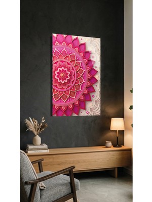 Pembe Minimalist Mandala Deseni Cam Tablo Premium 4mm Uv Baskılı Kırılmaz Duvar Tablosu