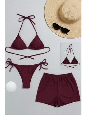 MTM My The Mall Giyim Kadın 3'lü Set Bordo Şortlu ve Yandan Bağlamalı Bikini Mayo Takımı