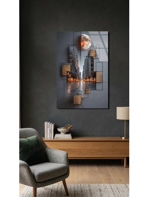 Premium Ay ve Şehir Silüeti Cam Tablo 4mm Temperli Cam Tablo, Premium Uv Baskılı Kırılmaz Duvar