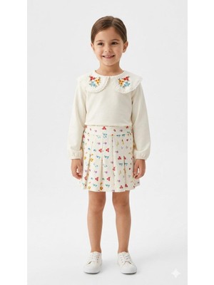 HaanBebe Kız Çocuk Nakış Yaka Detaylı Sweatshirt ve Çiçek Desenli Pileli Etek Takımı