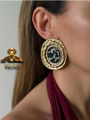 Gold Plaka Oval Taşlı Küpe