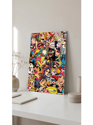 Pop Art Kolaj Cam Tablo 4mm Temperli, Premium Uv Baskılı Kırılmaz Duvar Tablosu