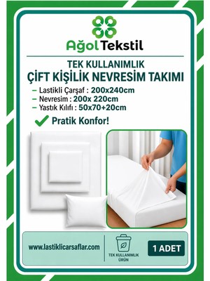 Ağol Tekstil Tek Kullanımlık Nevresim Takımı Çift Kişilik (Lastikli Çarşaf + Yorgan Kılıfı + Yastık Kılıfı)