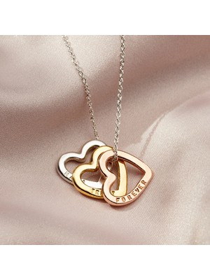 kuyumcudan Kişiye Özel Iç Içe Kalp 3'lü 925 Ayar Gümüş Kolye (Rose-Beyaz-Gold)