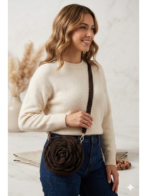 Linas Collection El Örgüsü Rose Tasarım Çapraz Çanta - Kahverengi 23CM