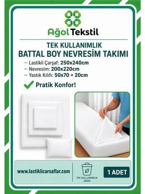 Ağol Tekstil Tek Kullanımlık Nevresim Takımı Battal Boy (Lastikli Çarşaf + Yorgan Kılıfı + Yastık Kılıfı) – 1 Set