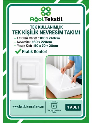 Ağol Tekstil Tek Kullanımlık Nevresim Takımı Tek Kişilik (Lastiksiz Çarşaf + Yorgan Kılıfı + Yastık Kılıfı) – 1 Set