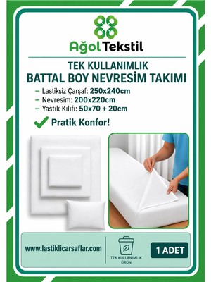 Ağol Tekstil Tek Kullanımlık Battal Boy Nevresim Takımı – Yorgan Kılıfı, Çarşaf ve Yastık Kılıfı – 1 Adet, Hijyenik ve Pratik Kullanım