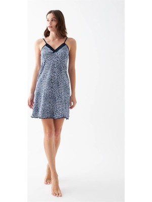 Kadın Mavi Leopar Desenli Dantel Detaylı Ip Askılı Gecelik