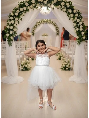 Ahsenim Bebe Çiçekli Kuyruklu Misinalı Abiye Elbise 4-8 Yaş