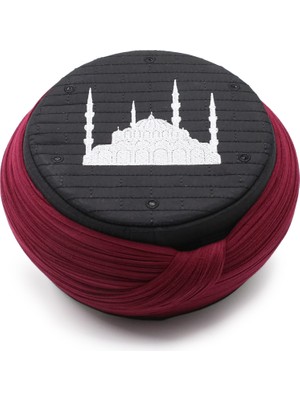 Sarıkhane Cami Sarığı – Bordo Kumaş – Siyah Takke – Yuvarlak Sarım – Cami Nakışlı – 5 Metre