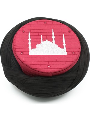 Sarıkhane Cami Sarığı – Siyah Kumaş – Bordo Takke – Çapraz Sarım – Cami Nakışlı – 7 Metre