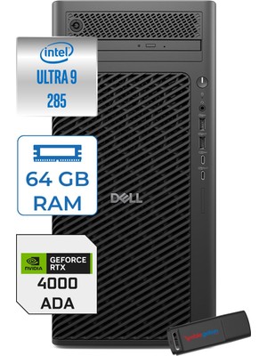 Dell Pro Max Tower T2 Intel Core Ultra 9 285 5.6 Ghz 64GB Ddr5 4tb SSD Windows 11 Pro Nvidia Rtx A4000 Ada 20GB Gddr7 Iş Istasyonu FCT22502854000P16 + Zetta Flash Bellek