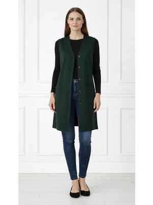 Mavimoure Kadın Anne Uzun Ince Düğmeli Cepli Penye Yelek