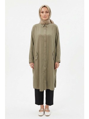 Lale Butik Lyocell Gömlek Uzun Tunik 7509 Haki