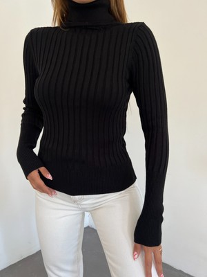 Moda Morfo Balıkçı Yaka Fitilli Triko Kazak -Siyah