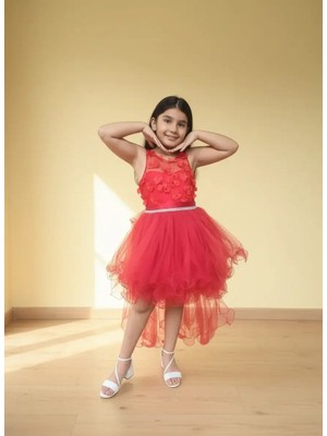 Ahsenim Bebe Çiçekli Kuyruklu Misinalı Abiye Elbise 4-8 Yaş