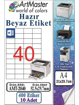 ArtMaster A4 Hazır Beyaz Etiket 52.5X29.7MM 10 Sayfa 1 Paket 40 Lı Kendinden Yapışkanlı Fotokopi Lazer Injekt Kağıdı Yazıcılar