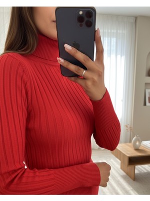 Moda Morfo Balıkçı Yaka Fitilli Triko Kazak -Kırmızı