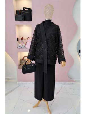 Hemdem Pullu Fileli Oversize Düğme Detaylı 3lü Takım