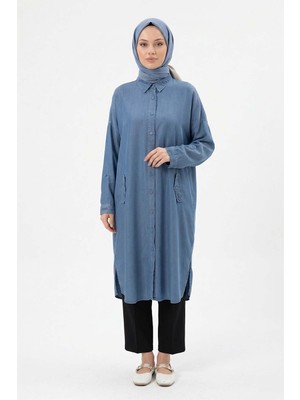 Lale Butik Lyocell Gömlek Uzun Tunik 7509 Mavi