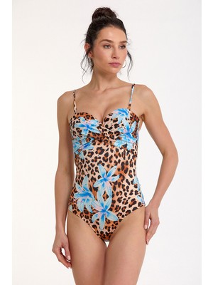 Argento Kadın Leopar Desenli Mavi Çiçekli Taşlı Kaplı Telli Drapeli Straplez Mayo