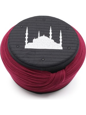 Sarıkhane Cami Sarığı – Bordo Kumaş – Siyah Takke – Düz Sarım – Cami Nakışlı – 5 Metre